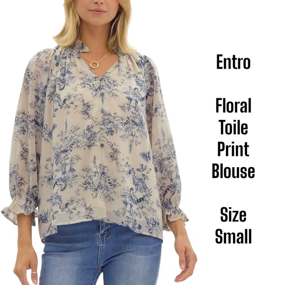 Entro Blue floral Toile Blouse Size Small - Picture 8 of 8